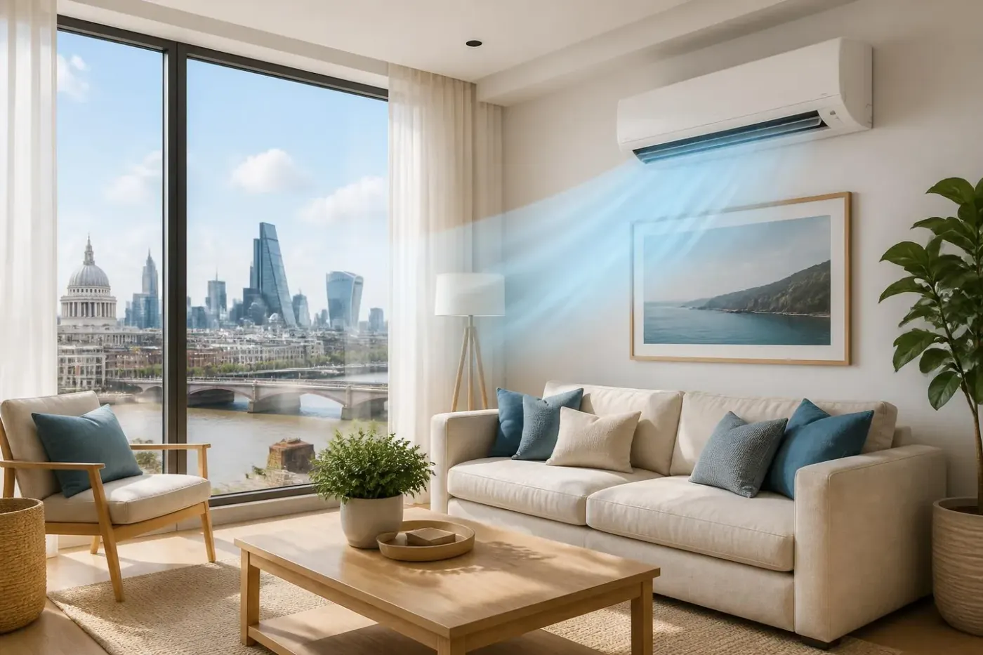 Modern London living room with wall-mounted air conditioning unit cooling the space